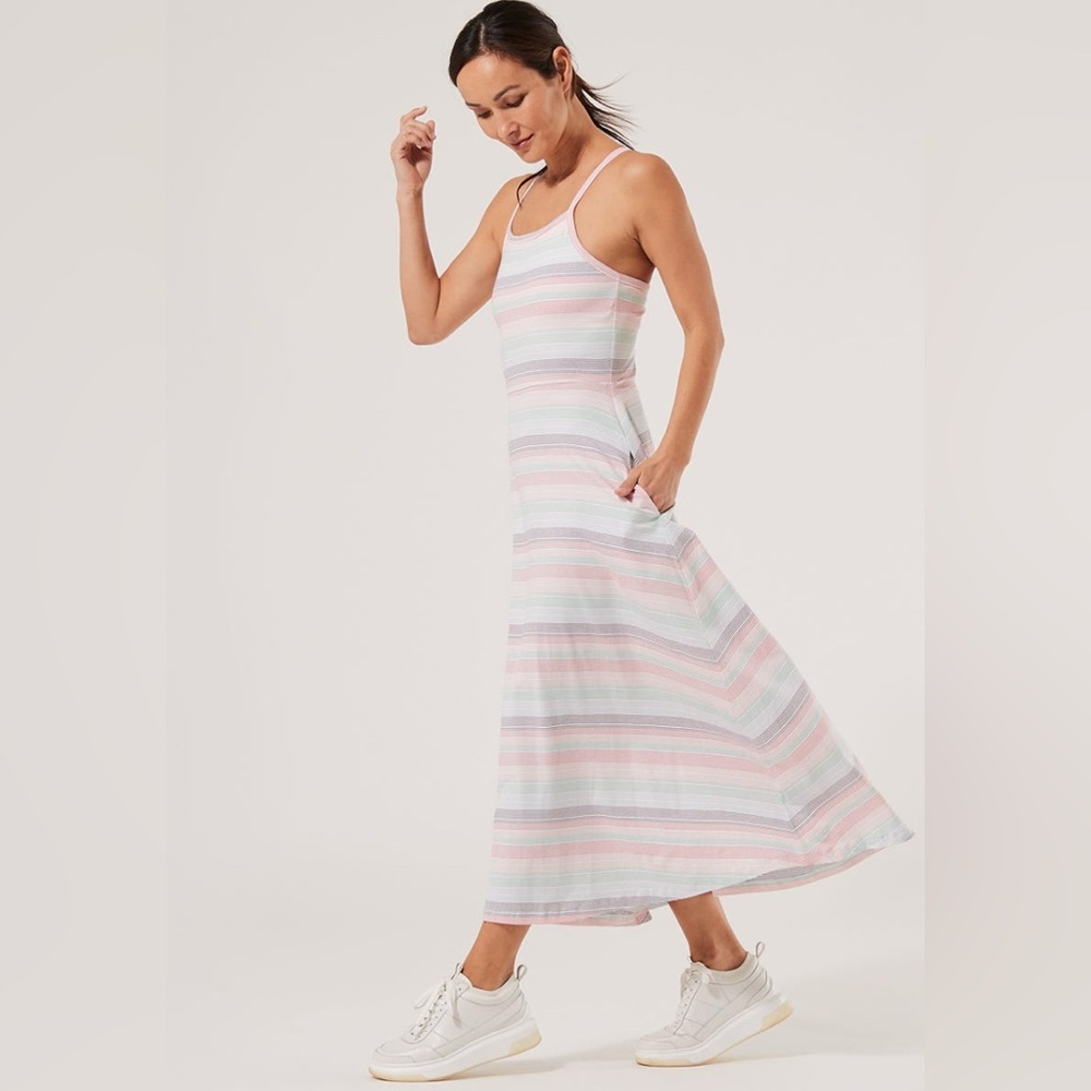 PACT Fit & Flare Organic Cotton Strappy Striped Summer Midi Sun Dress Medium